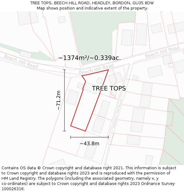 TREE TOPS, BEECH HILL ROAD, HEADLEY, BORDON, GU35 8DW: Plot and title map