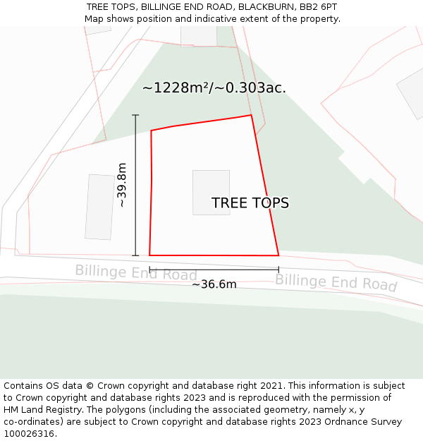 TREE TOPS, BILLINGE END ROAD, BLACKBURN, BB2 6PT: Plot and title map