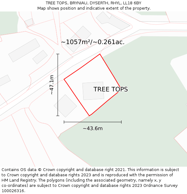 TREE TOPS, BRYNIAU, DYSERTH, RHYL, LL18 6BY: Plot and title map