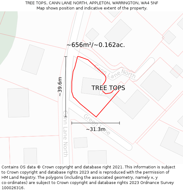 TREE TOPS, CANN LANE NORTH, APPLETON, WARRINGTON, WA4 5NF: Plot and title map