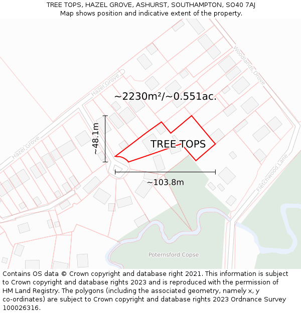 TREE TOPS, HAZEL GROVE, ASHURST, SOUTHAMPTON, SO40 7AJ: Plot and title map