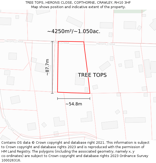 TREE TOPS, HERONS CLOSE, COPTHORNE, CRAWLEY, RH10 3HF: Plot and title map