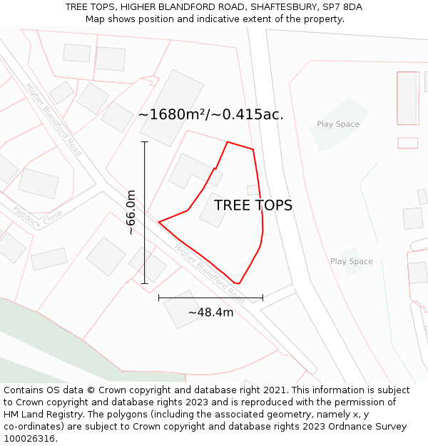 TREE TOPS, HIGHER BLANDFORD ROAD, SHAFTESBURY, SP7 8DA: Plot and title map