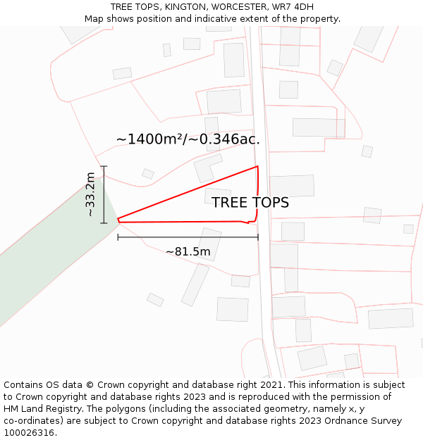 TREE TOPS, KINGTON, WORCESTER, WR7 4DH: Plot and title map
