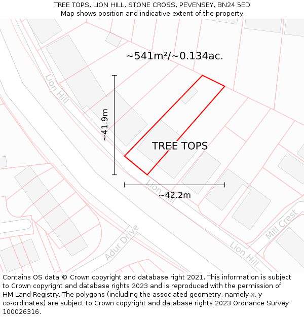 TREE TOPS, LION HILL, STONE CROSS, PEVENSEY, BN24 5ED: Plot and title map