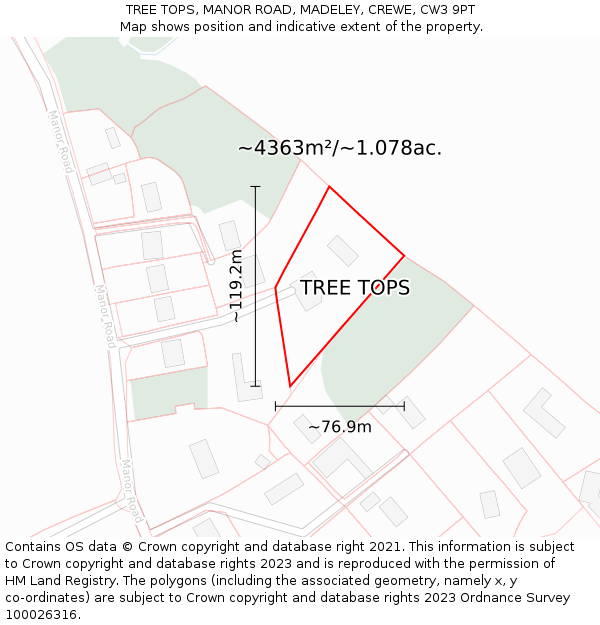 TREE TOPS, MANOR ROAD, MADELEY, CREWE, CW3 9PT: Plot and title map