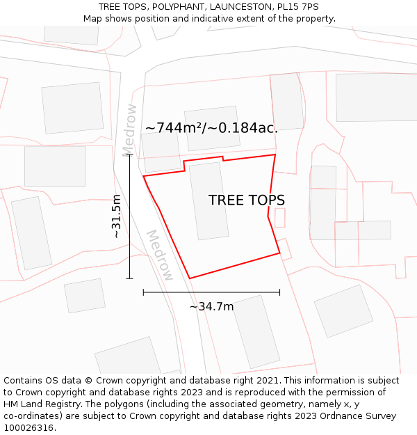 TREE TOPS, POLYPHANT, LAUNCESTON, PL15 7PS: Plot and title map