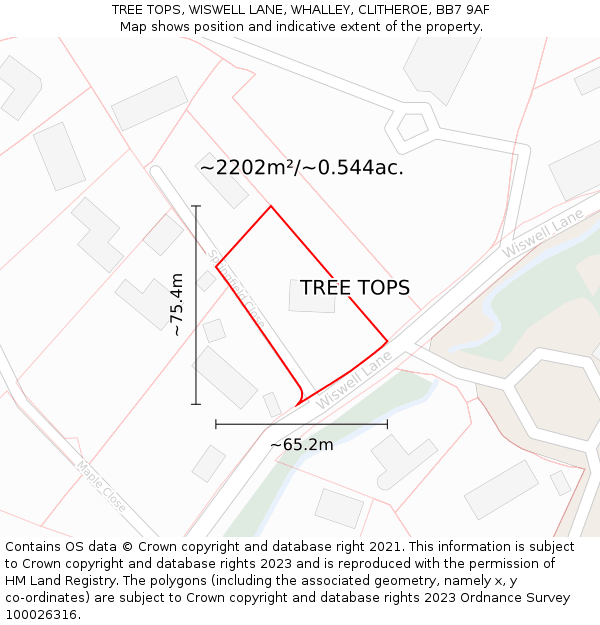 TREE TOPS, WISWELL LANE, WHALLEY, CLITHEROE, BB7 9AF: Plot and title map