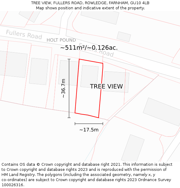 TREE VIEW, FULLERS ROAD, ROWLEDGE, FARNHAM, GU10 4LB: Plot and title map