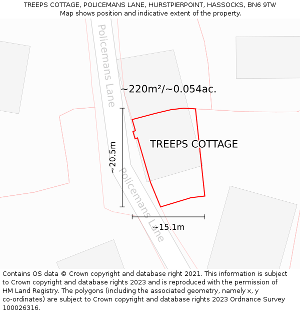 TREEPS COTTAGE, POLICEMANS LANE, HURSTPIERPOINT, HASSOCKS, BN6 9TW: Plot and title map