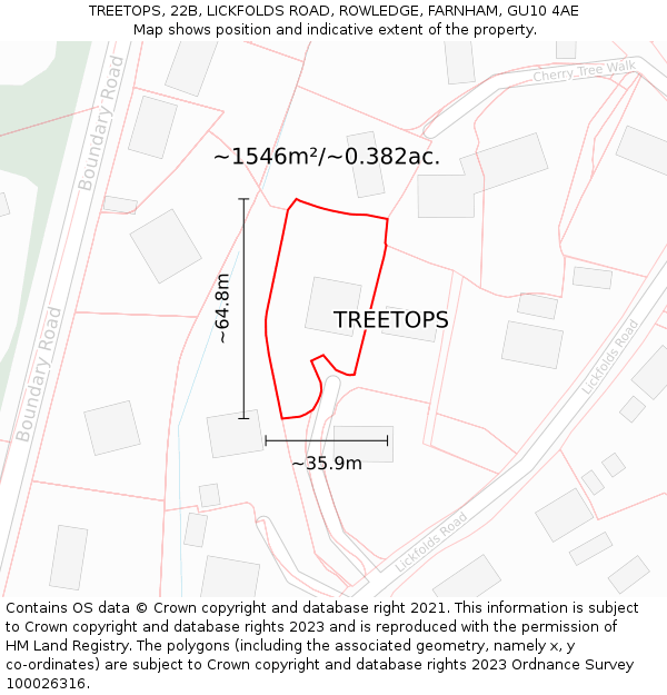 TREETOPS, 22B, LICKFOLDS ROAD, ROWLEDGE, FARNHAM, GU10 4AE: Plot and title map