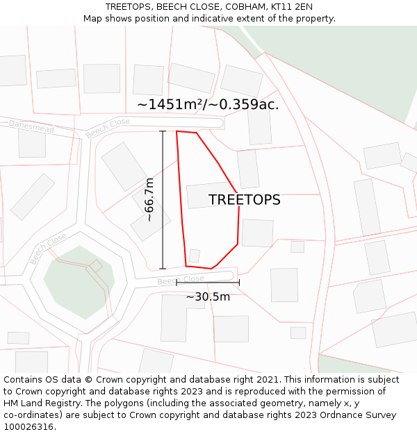 TREETOPS, BEECH CLOSE, COBHAM, KT11 2EN: Plot and title map