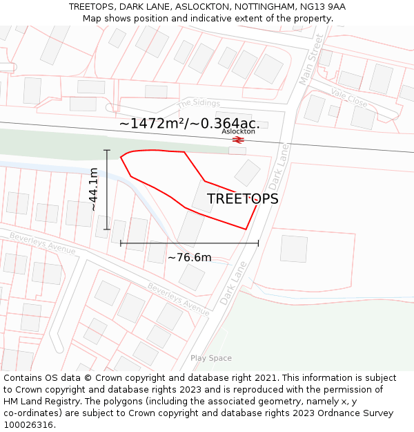 TREETOPS, DARK LANE, ASLOCKTON, NOTTINGHAM, NG13 9AA: Plot and title map
