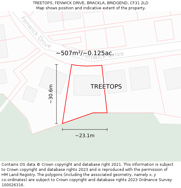 TREETOPS, FENWICK DRIVE, BRACKLA, BRIDGEND, CF31 2LD: Plot and title map