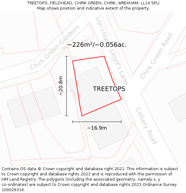 TREETOPS, FIELDHEAD, CHIRK GREEN, CHIRK, WREXHAM, LL14 5PU: Plot and title map