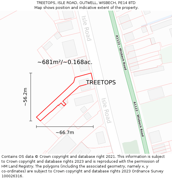 TREETOPS, ISLE ROAD, OUTWELL, WISBECH, PE14 8TD: Plot and title map