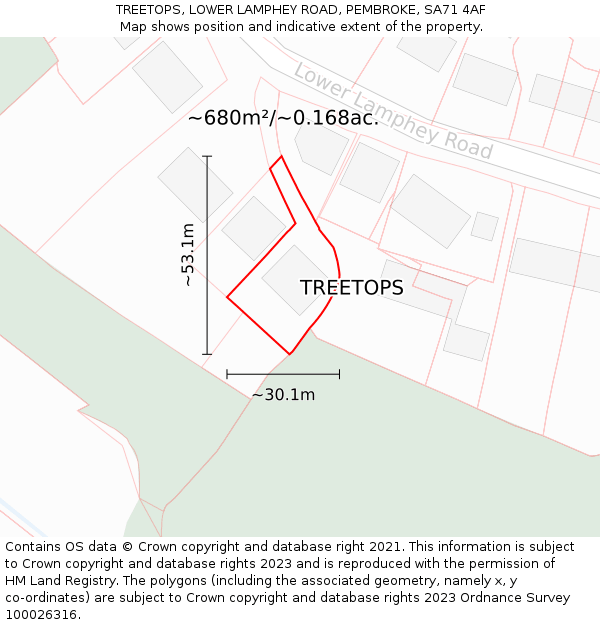 TREETOPS, LOWER LAMPHEY ROAD, PEMBROKE, SA71 4AF: Plot and title map