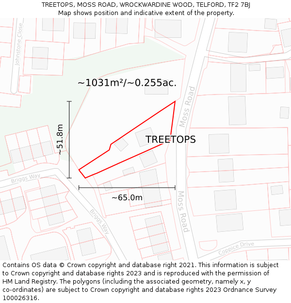 TREETOPS, MOSS ROAD, WROCKWARDINE WOOD, TELFORD, TF2 7BJ: Plot and title map