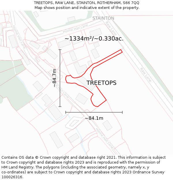TREETOPS, RAW LANE, STAINTON, ROTHERHAM, S66 7QQ: Plot and title map