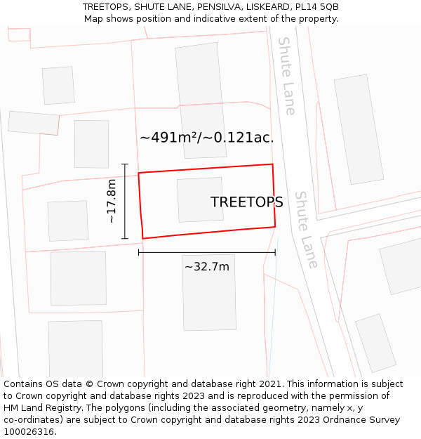 TREETOPS, SHUTE LANE, PENSILVA, LISKEARD, PL14 5QB: Plot and title map