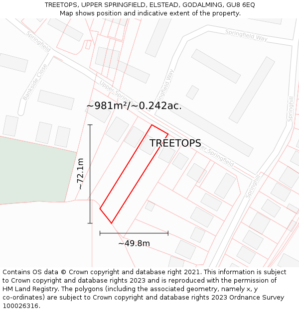 TREETOPS, UPPER SPRINGFIELD, ELSTEAD, GODALMING, GU8 6EQ: Plot and title map