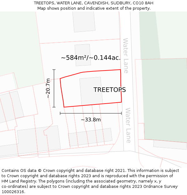 TREETOPS, WATER LANE, CAVENDISH, SUDBURY, CO10 8AH: Plot and title map