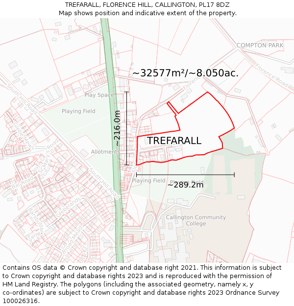 TREFARALL, FLORENCE HILL, CALLINGTON, PL17 8DZ: Plot and title map