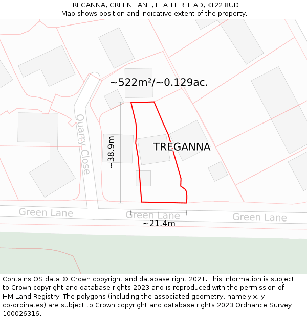 TREGANNA, GREEN LANE, LEATHERHEAD, KT22 8UD: Plot and title map