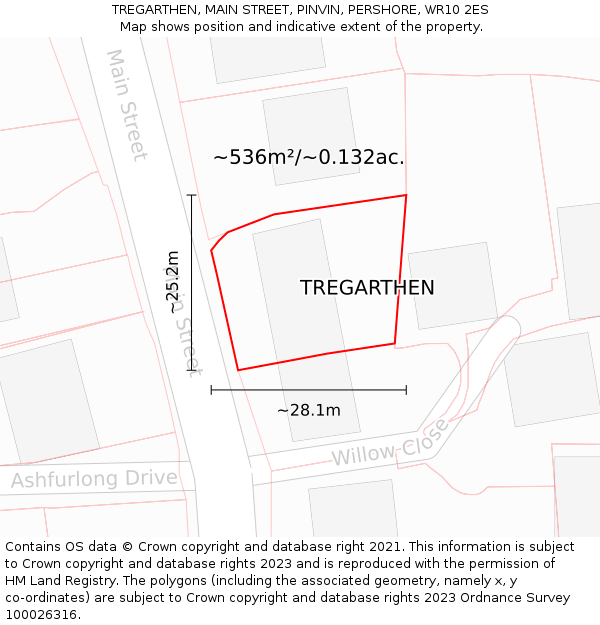 TREGARTHEN, MAIN STREET, PINVIN, PERSHORE, WR10 2ES: Plot and title map