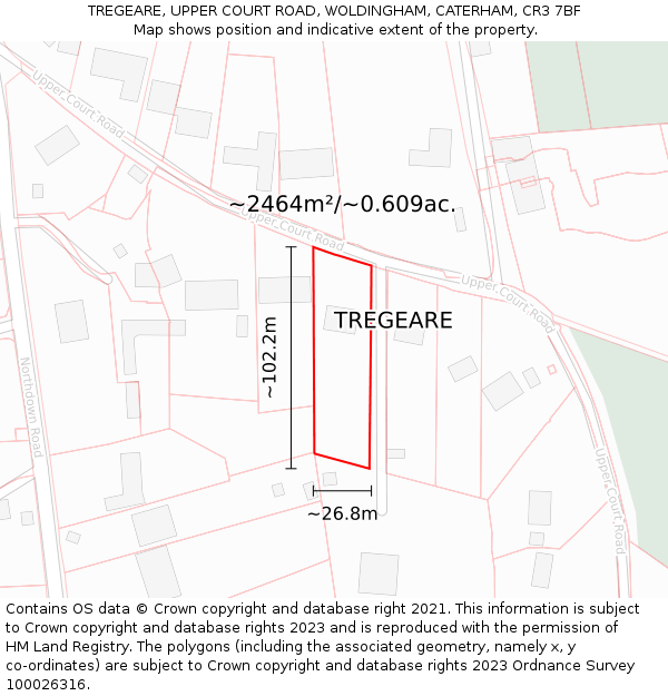 TREGEARE, UPPER COURT ROAD, WOLDINGHAM, CATERHAM, CR3 7BF: Plot and title map