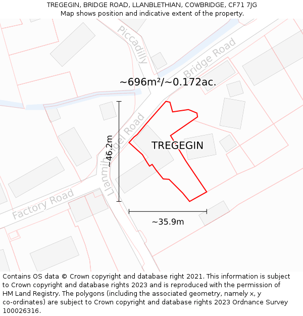 TREGEGIN, BRIDGE ROAD, LLANBLETHIAN, COWBRIDGE, CF71 7JG: Plot and title map