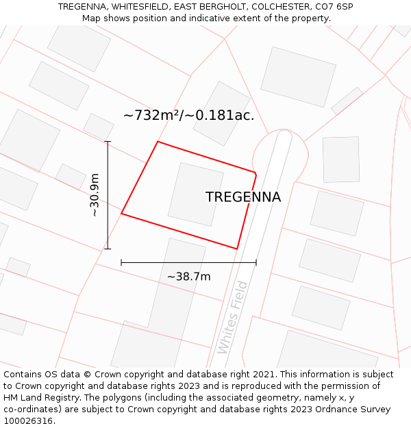 TREGENNA, WHITESFIELD, EAST BERGHOLT, COLCHESTER, CO7 6SP: Plot and title map