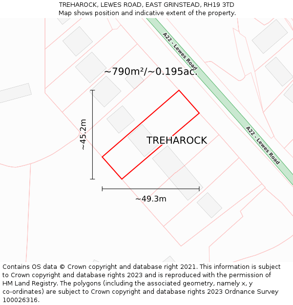 TREHAROCK, LEWES ROAD, EAST GRINSTEAD, RH19 3TD: Plot and title map