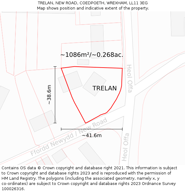 TRELAN, NEW ROAD, COEDPOETH, WREXHAM, LL11 3EG: Plot and title map
