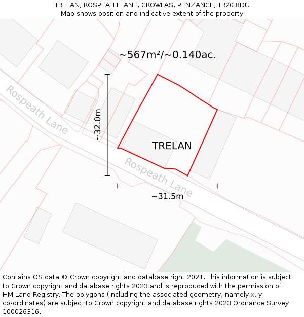 TRELAN, ROSPEATH LANE, CROWLAS, PENZANCE, TR20 8DU: Plot and title map