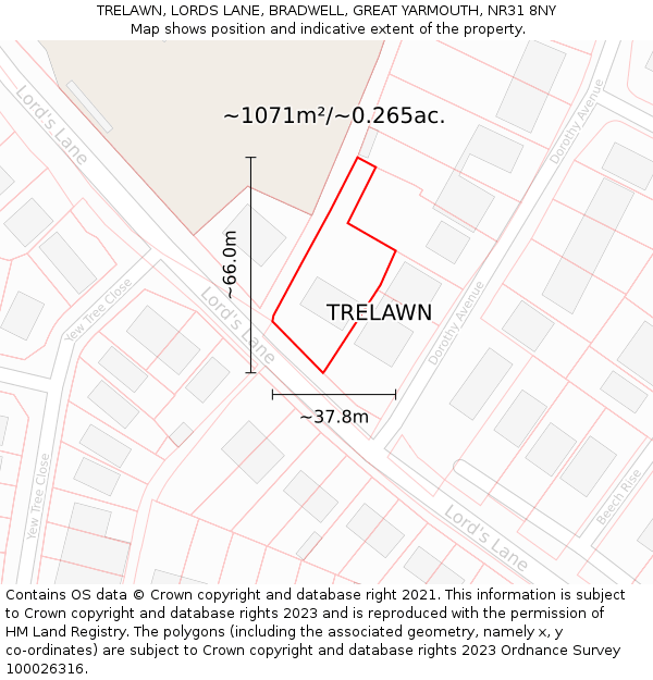 TRELAWN, LORDS LANE, BRADWELL, GREAT YARMOUTH, NR31 8NY: Plot and title map
