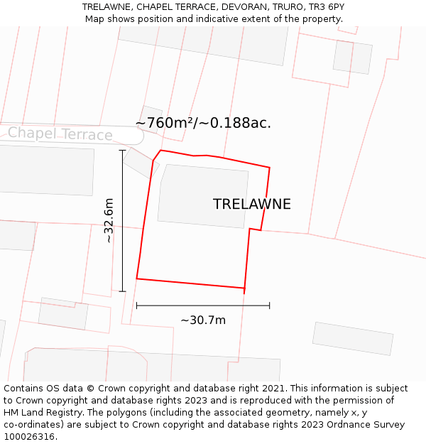 TRELAWNE, CHAPEL TERRACE, DEVORAN, TRURO, TR3 6PY: Plot and title map