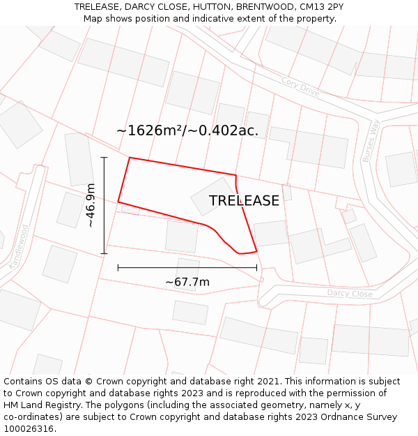 TRELEASE, DARCY CLOSE, HUTTON, BRENTWOOD, CM13 2PY: Plot and title map