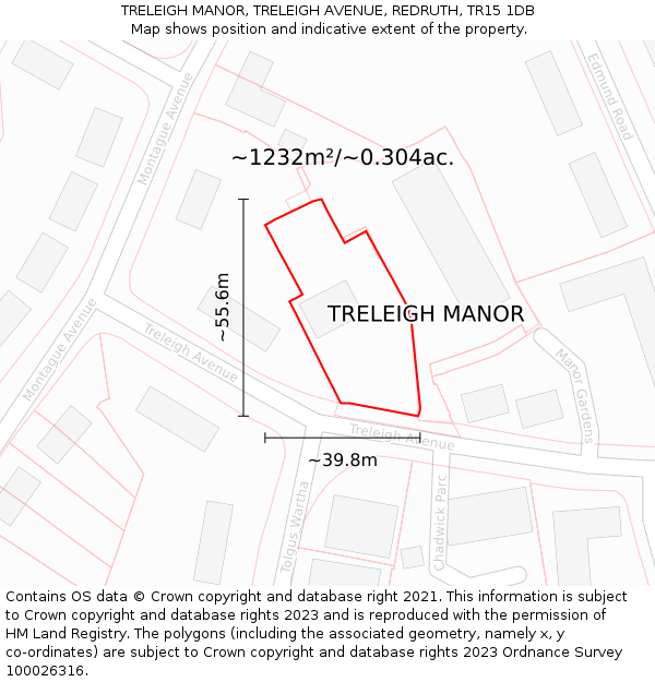 TRELEIGH MANOR, TRELEIGH AVENUE, REDRUTH, TR15 1DB: Plot and title map