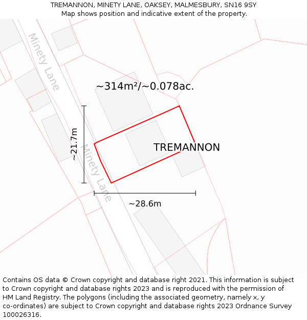 TREMANNON, MINETY LANE, OAKSEY, MALMESBURY, SN16 9SY: Plot and title map