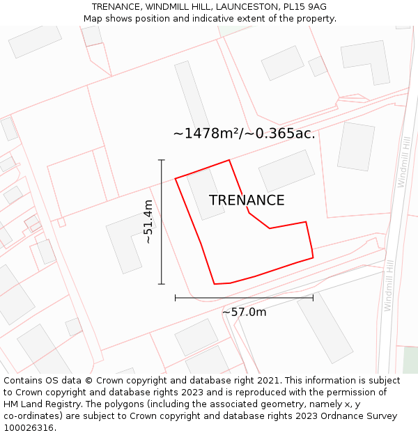 TRENANCE, WINDMILL HILL, LAUNCESTON, PL15 9AG: Plot and title map