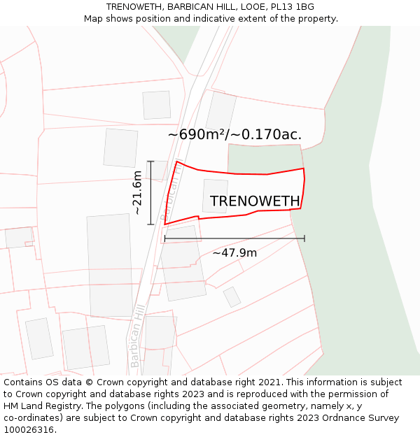 TRENOWETH, BARBICAN HILL, LOOE, PL13 1BG: Plot and title map