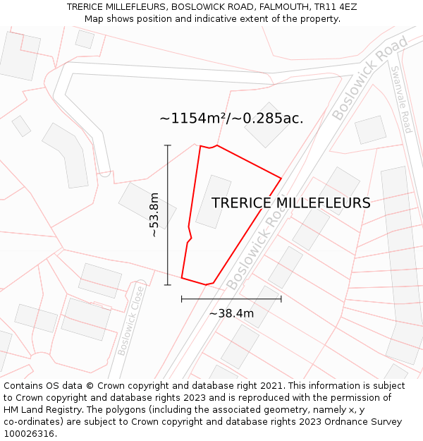 TRERICE MILLEFLEURS, BOSLOWICK ROAD, FALMOUTH, TR11 4EZ: Plot and title map