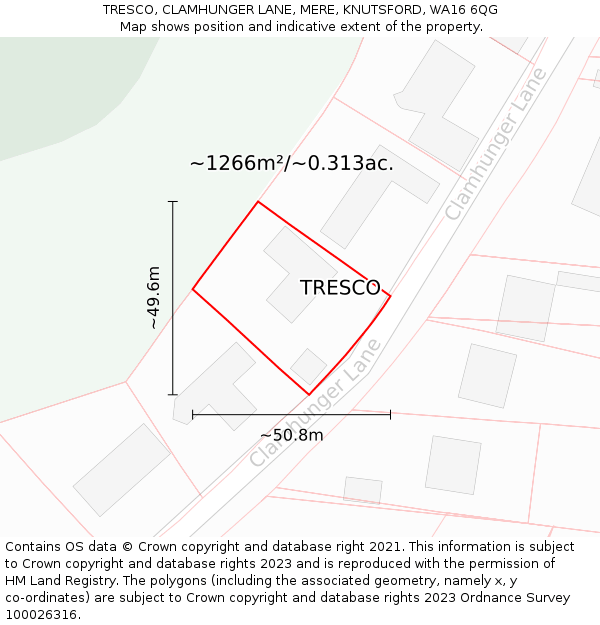 TRESCO, CLAMHUNGER LANE, MERE, KNUTSFORD, WA16 6QG: Plot and title map