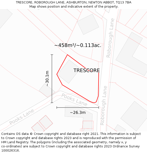 TRESCORE, ROBOROUGH LANE, ASHBURTON, NEWTON ABBOT, TQ13 7BA: Plot and title map