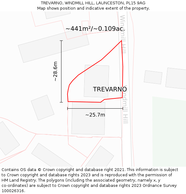 TREVARNO, WINDMILL HILL, LAUNCESTON, PL15 9AG: Plot and title map