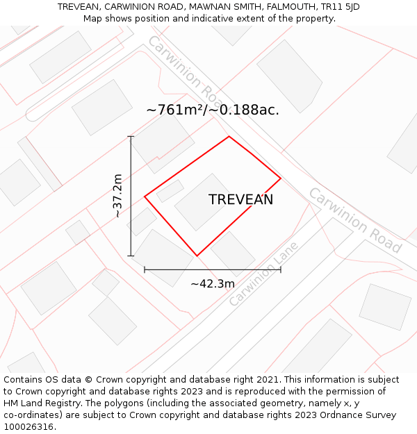 TREVEAN, CARWINION ROAD, MAWNAN SMITH, FALMOUTH, TR11 5JD: Plot and title map