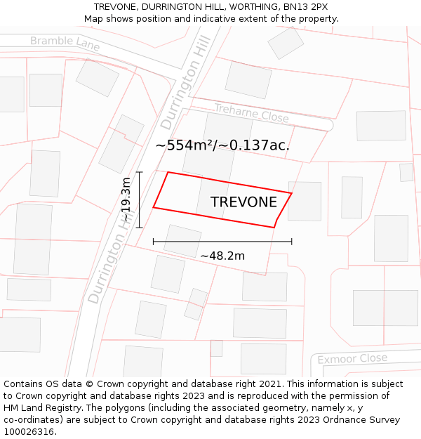TREVONE, DURRINGTON HILL, WORTHING, BN13 2PX: Plot and title map