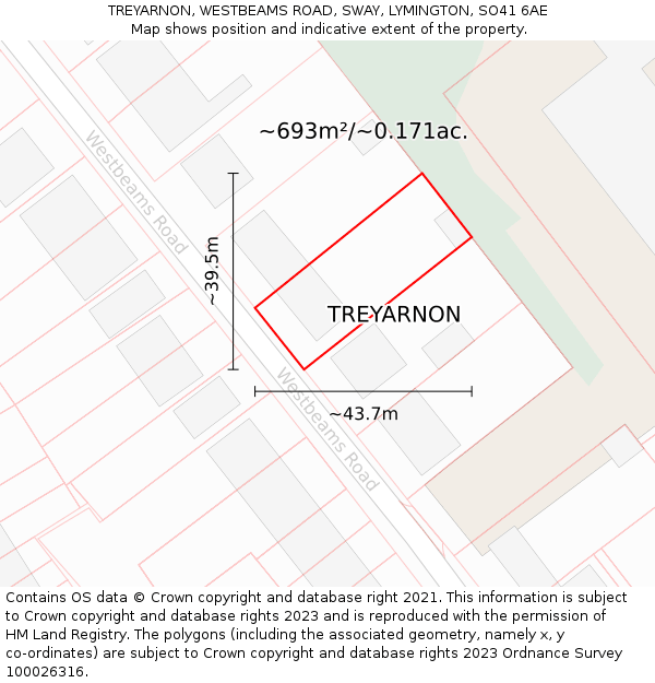 TREYARNON, WESTBEAMS ROAD, SWAY, LYMINGTON, SO41 6AE: Plot and title map