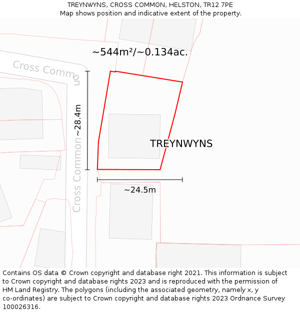 TREYNWYNS, CROSS COMMON, HELSTON, TR12 7PE: Plot and title map